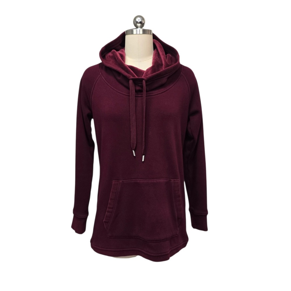 Athleta Womens Burgundy Fleece‎ Lined Cowl Neck Hoodie Sweatshirt Small Raglan